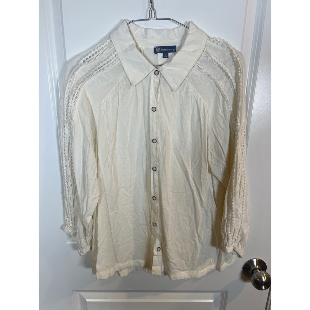 Democracy Womens Button Down Shirt Crochet Lace Trim Ivory Size Medium
